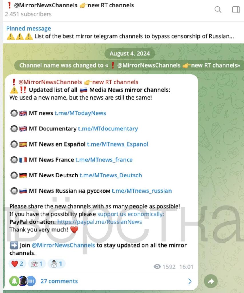 В Telegram появилась новая сетка каналов, дублирующая контент RT для европейских пользователей в обход санкций<br />