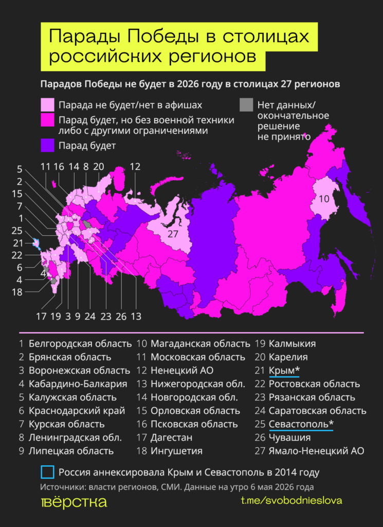 Парада Победы 9 мая не будет в&nbsp;трети столиц регионов. Еще в&nbsp;более чем 40% административных центров они пройдут без военной техники<br />
