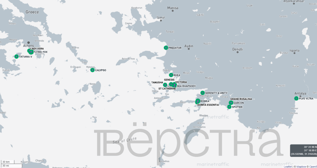 Более 20 яхт российских миллиардеров собрались около побережья Турции и Греции недалеко от лодки Путина